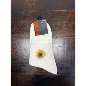 HOTSOX Womens Artist Series Embroidered Sunflower Crew Socks White Size 9-11